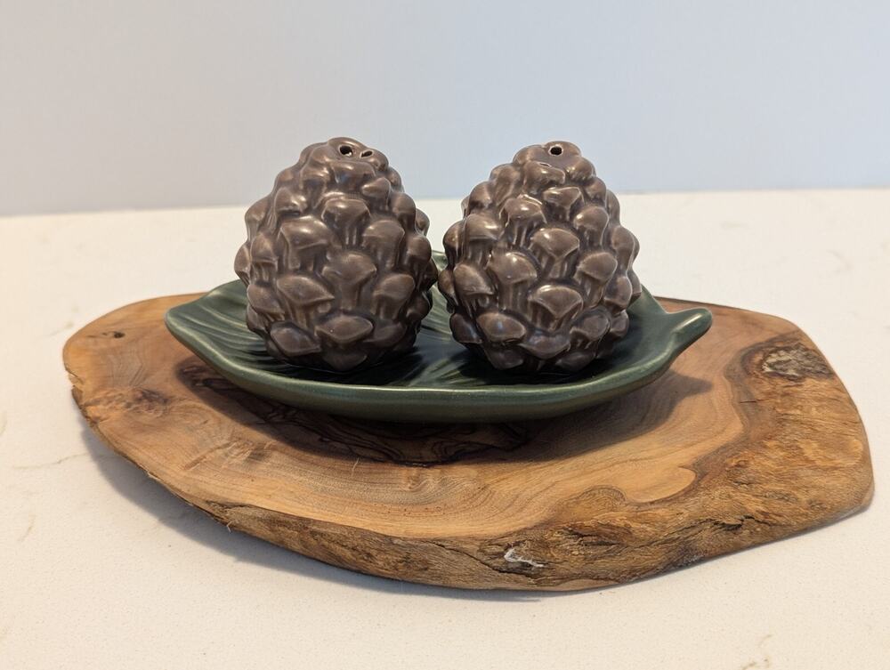 Bee & Willow Ceramic Pine Cone Salt and Pepper Shaker Set with Tray 3pc - NIB